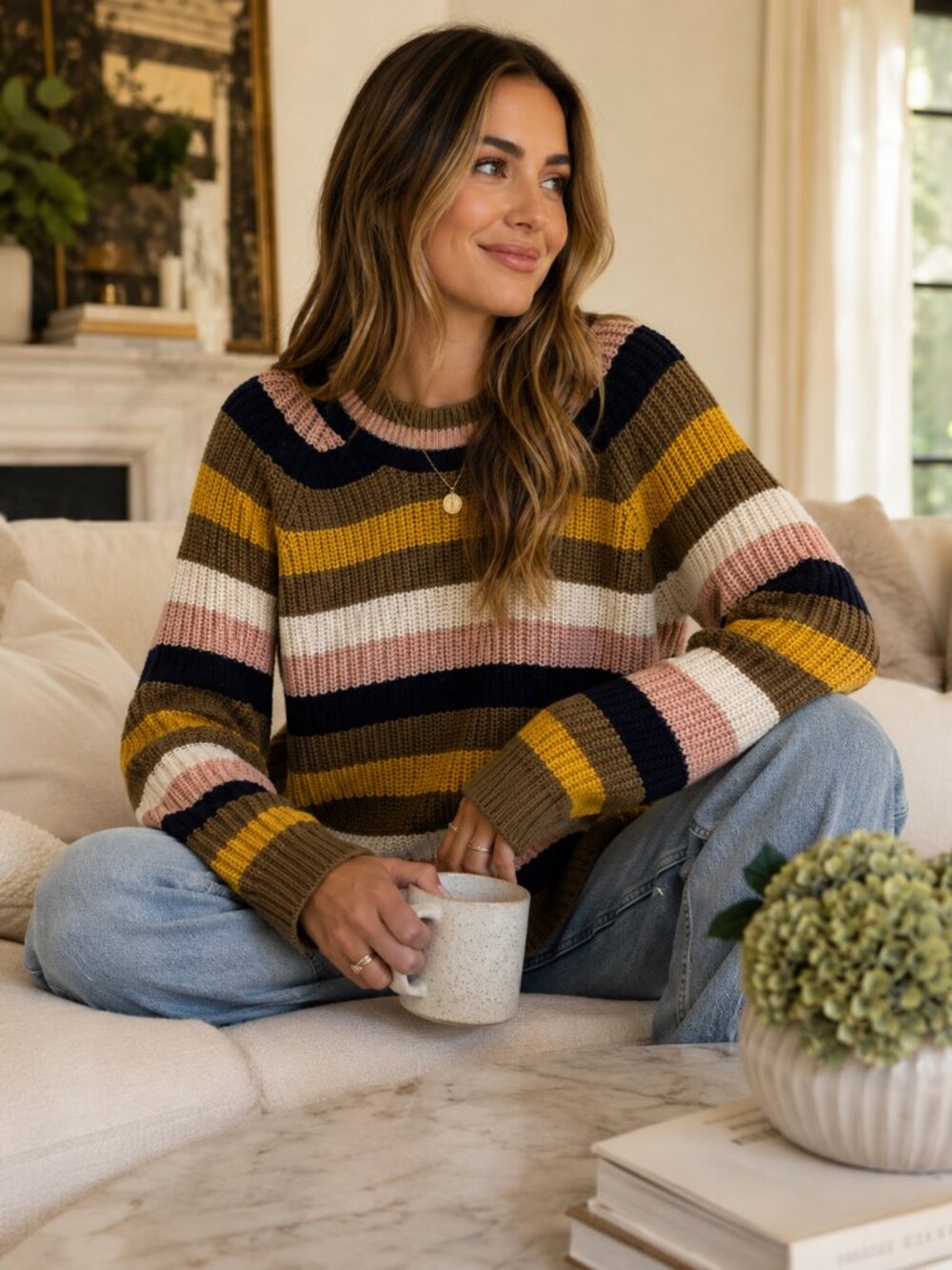 Madewell Merino Wool Striped Sweater Small Mustard Chunky Knit Cozy Pullover - Picture 3 of 9